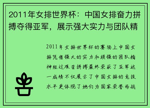 2011年女排世界杯：中国女排奋力拼搏夺得亚军，展示强大实力与团队精神